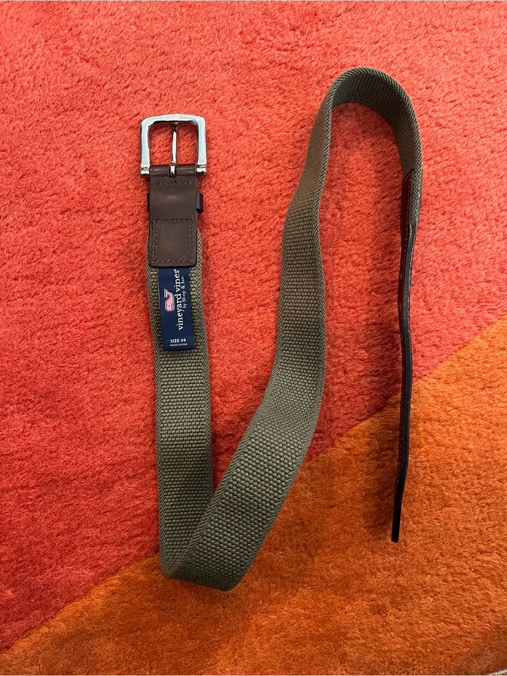 Vineyard Vines Olive Canvas Web Belt with Brown Leather Accents